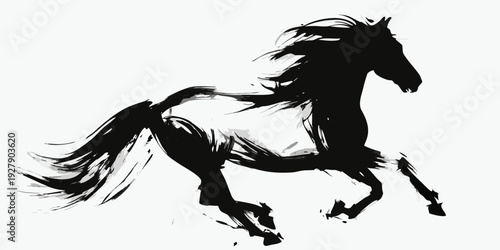 A dynamic black ink wash painting of a galloping horse