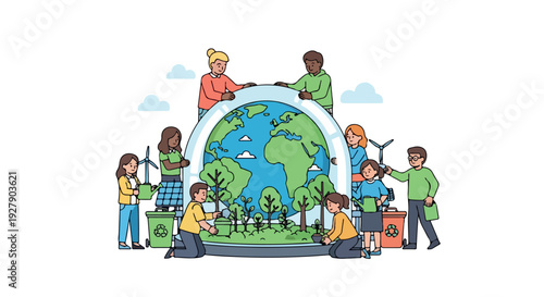 Illustration of diverse people working together to protect the Earth with green plants and solar panels in a colorful, eco-friendly scene.