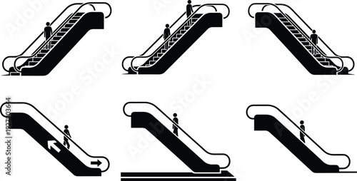 Escalator up and down silhouettes set, people riding moving stairs public transport station vector illustration