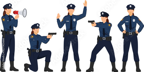 Police Officer Action Poses Vector Set Featuring Law Enforcement Characters with Megaphone, Gun, Standing and Warning Gestures for Security and Public Safety Design