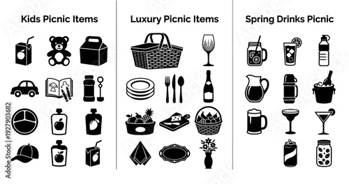 Various black silhouette picnic item icons are neatly arranged in categories, depicting essentials for kids, luxury outings, and refreshing spring drinks, presented in a clean, graphic style