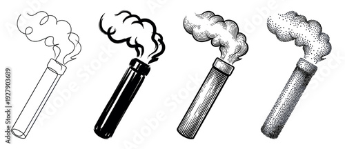 Four distinct smoke bomb illustrations depict plumes of smoke in various artistic styles, showcasing detailed line art, solid black, engraving, and stippling techniques with a dramatic upward flow