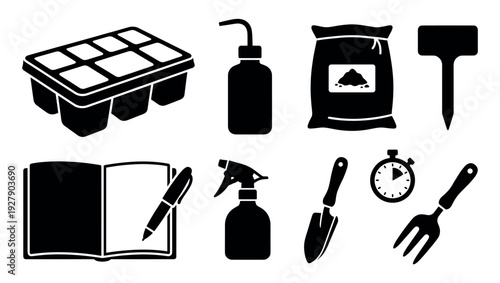 Various black silhouette gardening tools and supplies icons are neatly arranged in a clean, graphic style, representing essential items for planting and cultivation