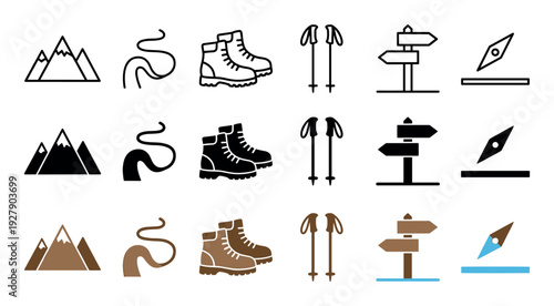 Collection of hiking and outdoor activity icons is displayed in a neat grid, featuring outline, solid black, and colored versions of essential adventure elements