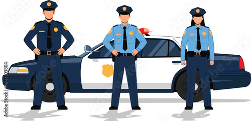 Police Officers Standing in Front of Patrol Car Vector Illustration Set Featuring Male and Female Law Enforcement Characters in Uniform for Security and Safety Design