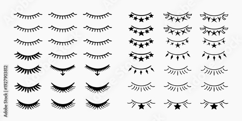 Collection of diverse black eyelash designs arranged in a grid pattern