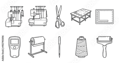 Various sewing and tailoring tools are neatly arranged in a clean, illustrative line art style, showcasing essential equipment for textile and garment production