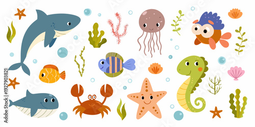 Colorful cartoon illustration of various sea creatures and marine life