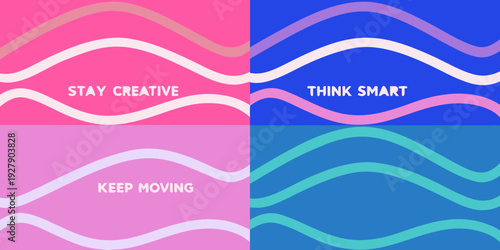 Colorful abstract waves with motivational phrases in a divided composition