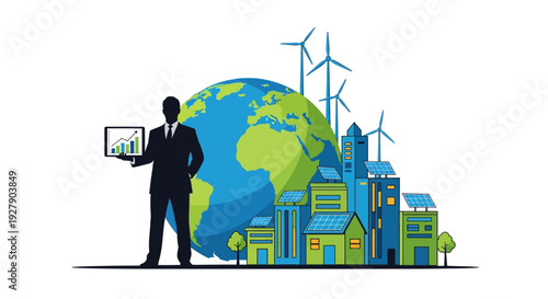 Vector illustration of businessman with earth, cityscape and wind turbines, eco-friendly concept