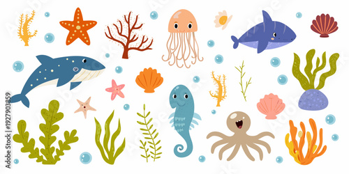Colorful cartoon illustration of various ocean creatures and plants