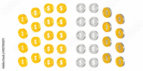 A collection of golden and silver coins scattered on a white background