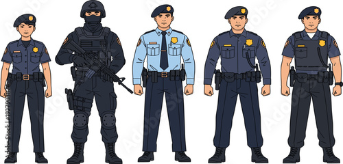 Police Officer Uniform Variations Vector Set Featuring Tactical SWAT and Standard Law Enforcement Characters Standing for Security, Protection and Public Safety Design