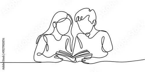 Children read book continuous one line drawing. Continuous single drawn one line boy and girl reading book drawn by hand picture silhouette. Line art. Back to school concept.