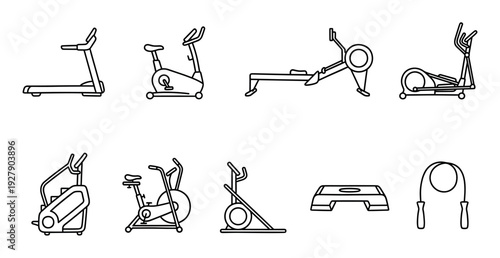 Various black outline fitness gym equipment icons are neatly arranged, showcasing modern exercise machines and accessories in a clean, minimalist graphic style