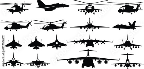 Military aircraft and helicopter silhouettes collection, fighter jets bomber transport planes front side top views aviation defense vector illustration set