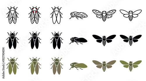 Various stylized cicada and leafhopper insect icons are displayed in a grid, featuring outline, solid black, and muted green-brown color variations from a top-down perspective