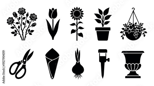 Various black silhouette gardening and plant icons are neatly arranged in a clean, simple graphic vector style, featuring flowers, potted plants, tools, and decorative elements