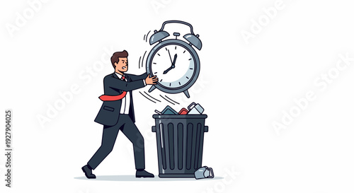 Illustration of a businessman throwing an alarm clock into a trash can with papers on a white background.