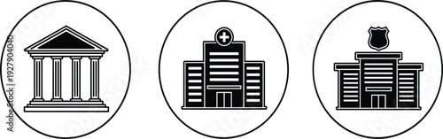 Set of Circular Public Service Icons Featuring Court House or Bank Hospital Clinic and Police Department Station Buildings for City Map and Municipal Website Navigation Designs