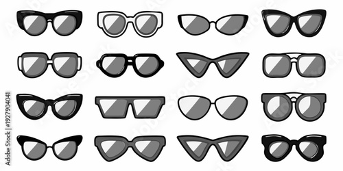 Collection of various stylish sunglasses in grayscale arranged in a grid