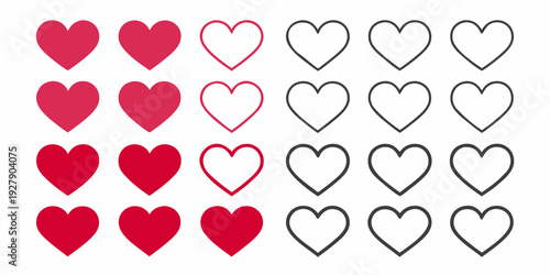 Arrangement of red and outlined hearts in a grid pattern