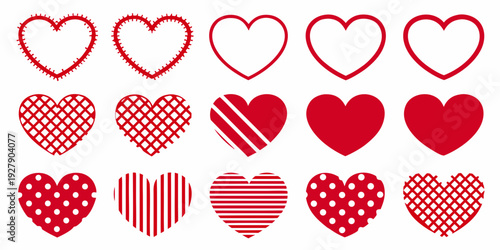Collection of red hearts with varying patterns and textures