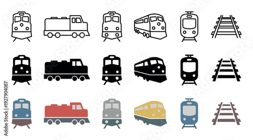 Various train and railway track icons presented in outline, solid, and colored styles, offering diverse representations of transportation and rail travel