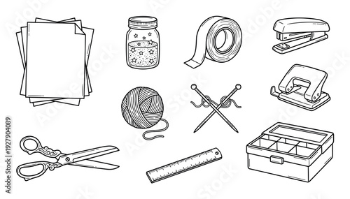 Various hand-drawn craft and office supplies are neatly arranged, showcasing a collection of essential tools for creative projects and daily tasks in a charming outline style