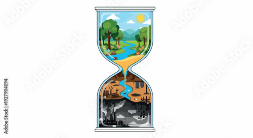 Illustration of an hourglass with a natural landscape transitioning to a polluted cityscape, symbolizing environmental change.