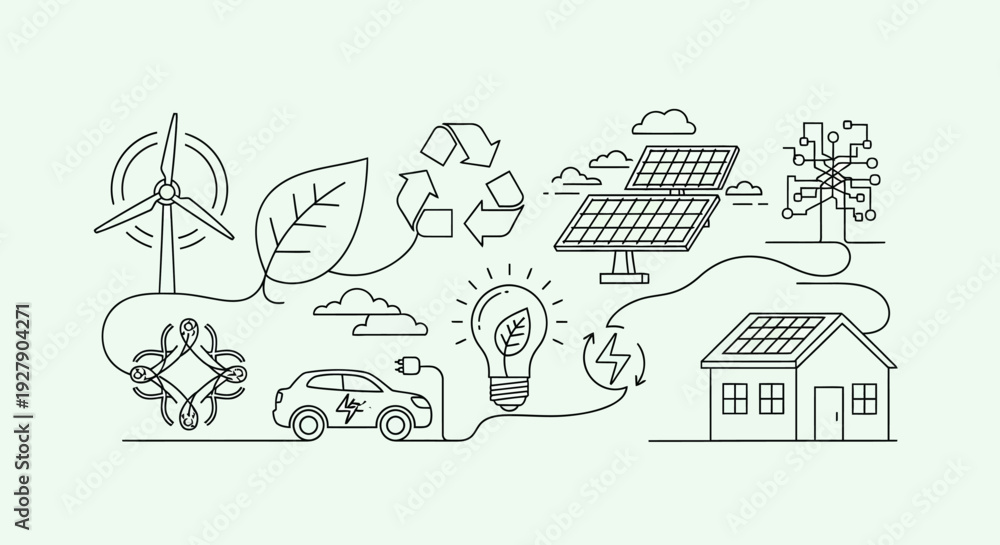 Fototapeta premium Set of 13 eco friendly icons vector, sustainable living symbols, green energy illustrations