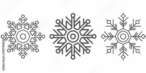Three detailed snowflake illustrations in a linear black and white style