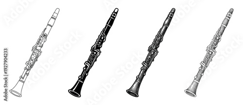 Four distinct black and white clarinet illustrations showcasing various artistic styles, including outline, solid fill, engraved, and stippled textures, presented diagonally
