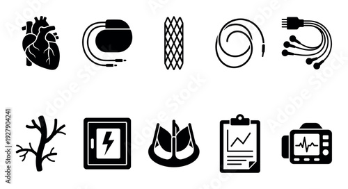 Comprehensive collection of black silhouette cardiology icons, featuring heart anatomy, pacemakers, stents, and diagnostic equipment, presented in a clean, modern vector graphic style