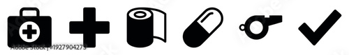 Series of black silhouette medical and safety icons, including a first aid kit, medical cross, bandage, capsule pill, whistle, and a checkmark, presented in a clean, minimalist style