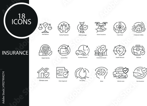  Innovative Insurance Line Icon Set – Modern Risk Protection, Digital Coverage and Financial Security Outline Collection