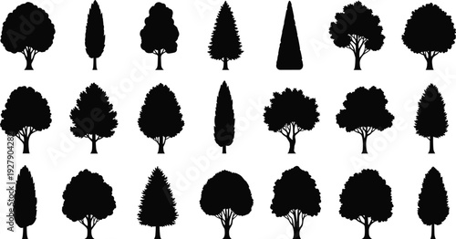 Tree silhouettes collection displaying various forest and garden tree shapes in black, isolated on white background, perfect for nature illustrations, landscaping design, and eco