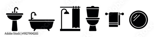Six black silhouette bathroom icons illustrate essential fixtures and accessories, including a sink, bathtub, shower, toilet, towel, and mirror, presented in a clean, modern graphic style
