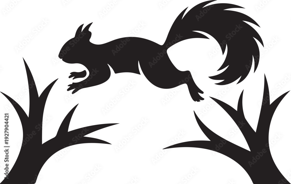 Obraz premium Black silhouette of a squirrel jumping between branches in a forest, vector illustration