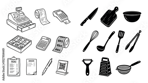 Various hand-drawn business and kitchen tool icons are neatly arranged, showcasing essential items for retail, restaurant, and culinary operations in a clean, illustrative style