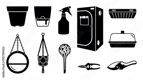 Various black silhouette gardening tools and equipment icons are neatly arranged, showcasing essential items for plant care, cultivation, and indoor growing in a clean, graphic style