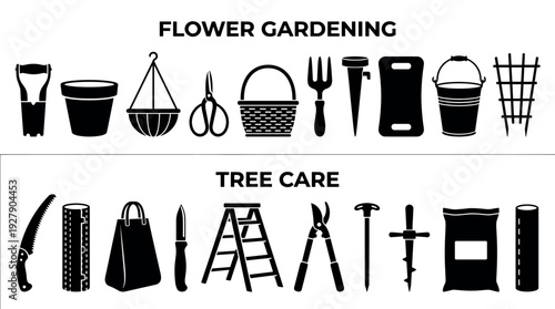 Various black silhouette gardening and tree care tools and accessories are neatly arranged in two distinct categories, illustrating essential equipment for plant and tree maintenance