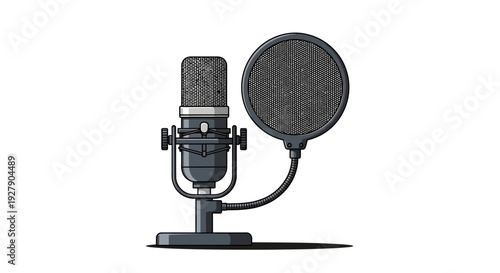 Professional studio microphone with pop filter on stand.