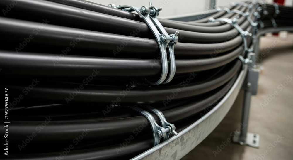 Obraz premium Close up of black cables bundled on a metal tray. Network infrastructure, data connection, and communication technology concept.