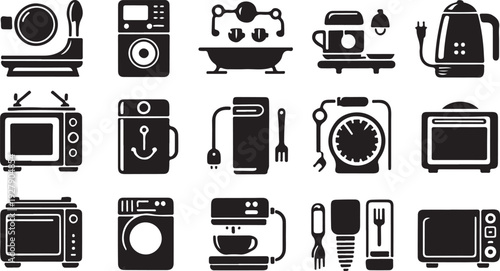 Comprehensive set of 15 bold black and white icons featuring a wide variety of household appliances, kitchen tools, and consumer electronics for modern lifestyle design.