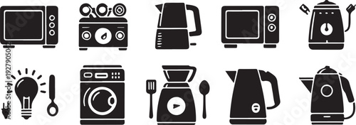 Minimalist collection of 10 bold black and white icons featuring essential kitchen appliances, laundry machines, and electrical lighting symbols for modern home design.