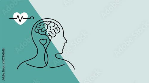 Mental health concept with heart and brain in profile view symbolizing emotional well being and medical ideas on a teal background with ecg line