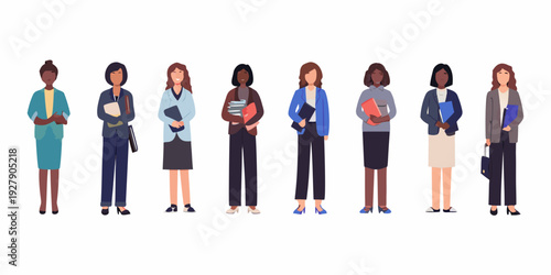 Diverse group of professional women standing in a row illustrated style