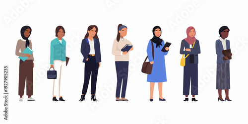 Diverse group of professional women standing in a row illustrated style