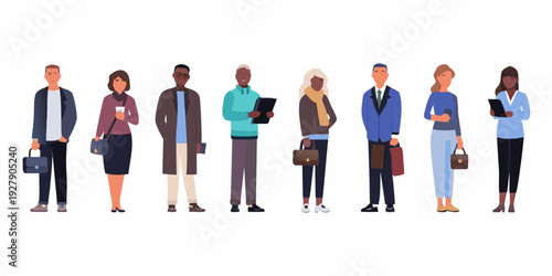 Diverse group of business professionals standing in a single row